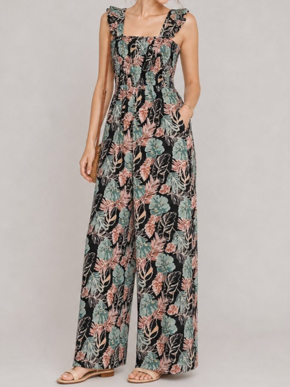 Inspired Hearts Square Neck Wide Leg One Piece Tropical Floral Jumpsuit Size SM
